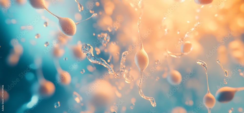 Poster abstract representation of sperm cells in fluid dynamics and light.