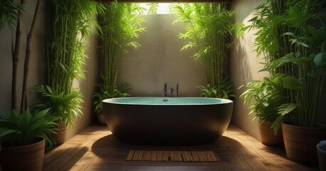 Fototapeta premium Soaking tub with bamboo accents amidst lush greenery , tub, nature inspired