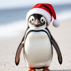 Fototapeta premium penguin with red santaclaus cap