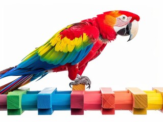 Fototapeta premium Scarlet Macaw Parrot on a Colorful Wooden Perch