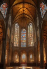 Fototapeta premium A vaulted ceiling adorned with frescoes and stained glass windows reflecting a warm, golden light within the cathedral during a rainstorm , cathedral, ceiling, religous