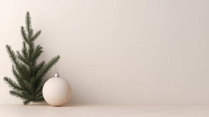 A minimalist holiday scene featuring a small evergreen tree and a plain ornament against a soft background, Ideal for Christmas-themed projects, greeting cards, or seasonal advertisements,