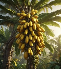 Fototapeta premium A majestic banana tree with a large bunch of mature yellow bananas hanging from its branches, plant life, bananas