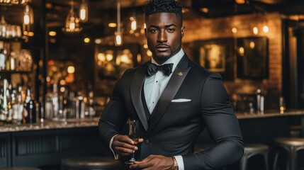 sophisticated man in black tuxedo at bar