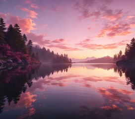 Fototapeta premium Soft pink hues fade into the sky as a serene sunset unfolds over the lake's tranquil surface , lake, calm