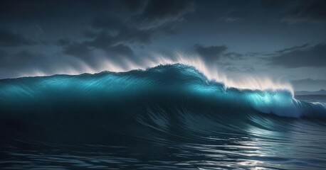 Fototapeta premium A dark blue ocean with a gentle wave and soft blue glow on its surface, dark blue, splash