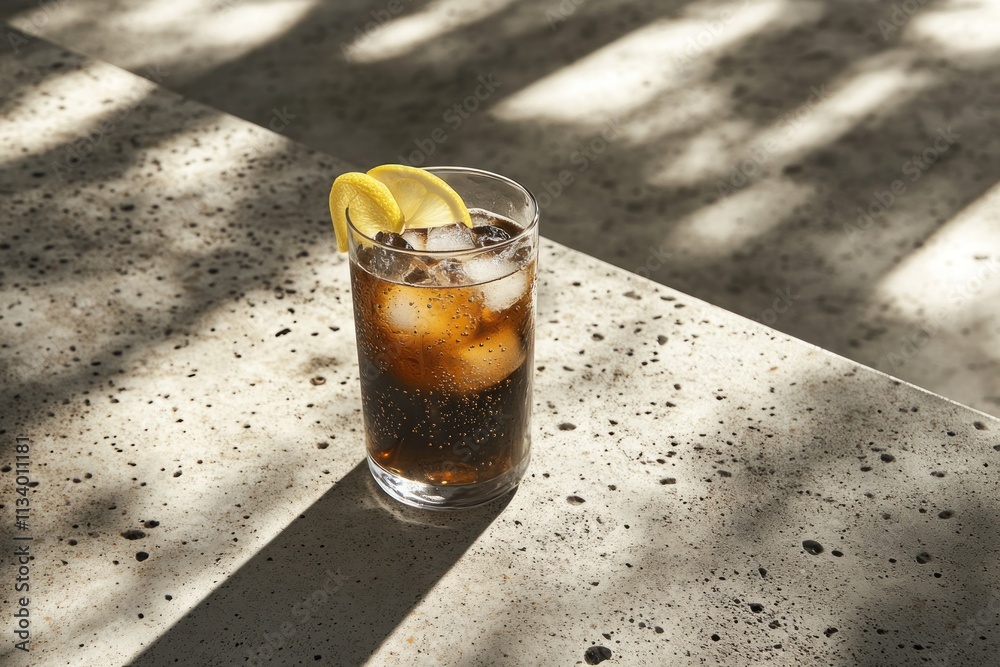 Poster refreshing cola drink with ice and lemon on a sunny day.