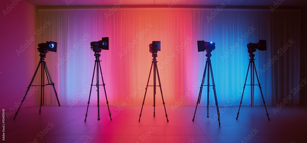 Poster five cameras on tripods illuminated by colorful lights in a studio setting.