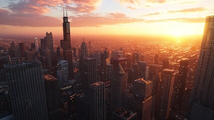 Obraz premium Downtown Chicago Cityscape with Skyscrapers and Skyline at Sunset