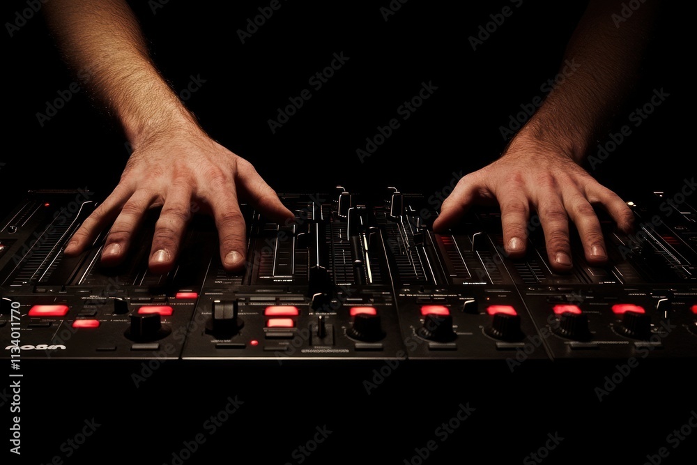 Poster Close-up of hands using a DJ mixer in low light.