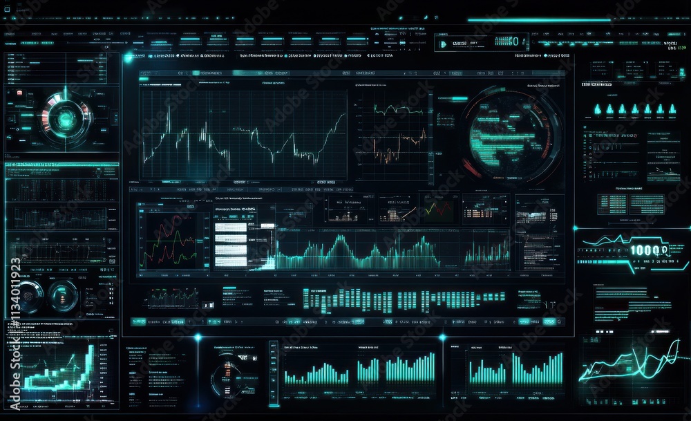 Poster Futuristic digital dashboard with graphs, charts, and data visualizations.