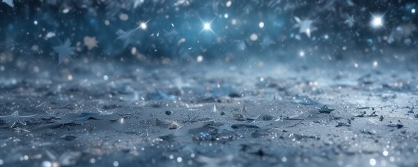 Obraz premium Icy silver and frosty blue hues on a textured abstract Christmas background with scattered stars, crystal clear snow , cool weather