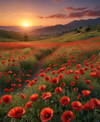 Obraz premium Field of red poppies at sunset with gentle hills in the background, natural scenery, countryside, nature scenery