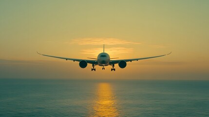 Airplane descending over ocean at sunset.