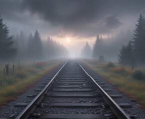 Fototapeta premium A lone railroad track disappearing into the fog , fading light, overgrown vegetation