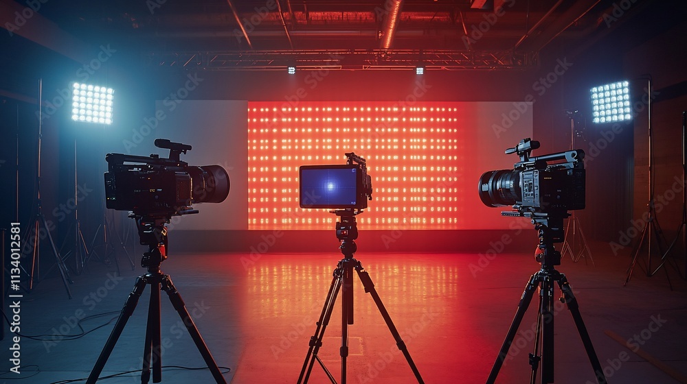 Aufkleber Studio setup with cameras and LED screen for video production.