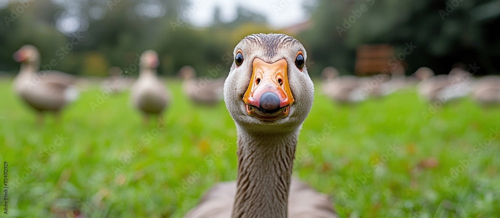 Poster close-up of a goose facing the camera in a park with other geese blurred in the background.