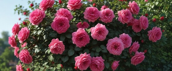 A mature rose bush with full, lush blooms in shades of red and pink , floral motifs, foliage, rose alnwick