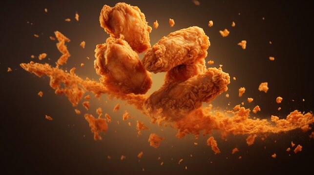 Crispy golden brown fried chicken strips tumbling and suspended in mid air surrounded by subtle steam and visible spicy seasoning flakes for a tantalizing mouth watering culinary display