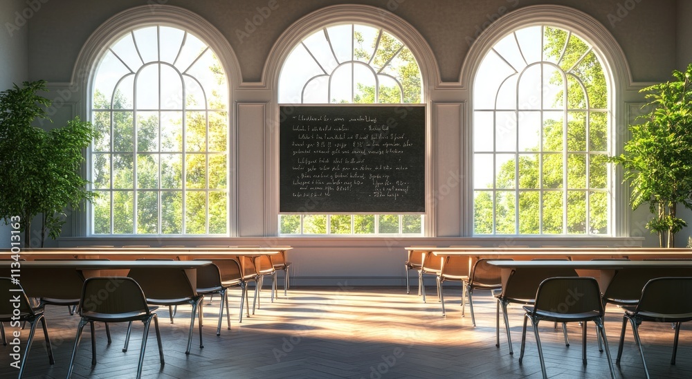 Poster sunlit classroom with arched windows, quote on chalkboard, and empty desks.