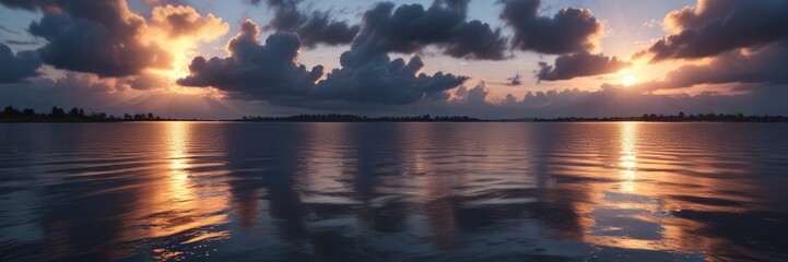 Fototapeta premium Rain clouds cast long shadows across the water as day fades to night, clouds, green