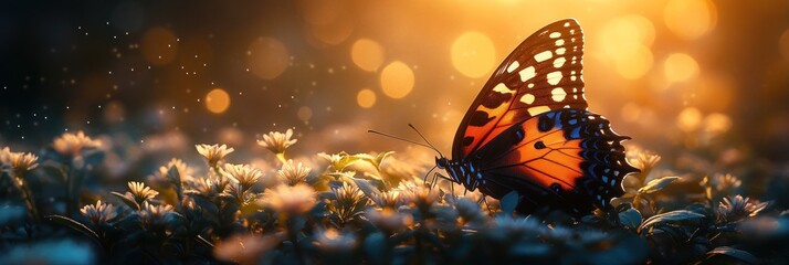 Orange butterfly on white flowers at sunset.