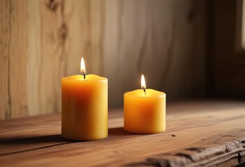 Warmly glowing beeswax candle on a minimalist wooden table , , warm ambiance