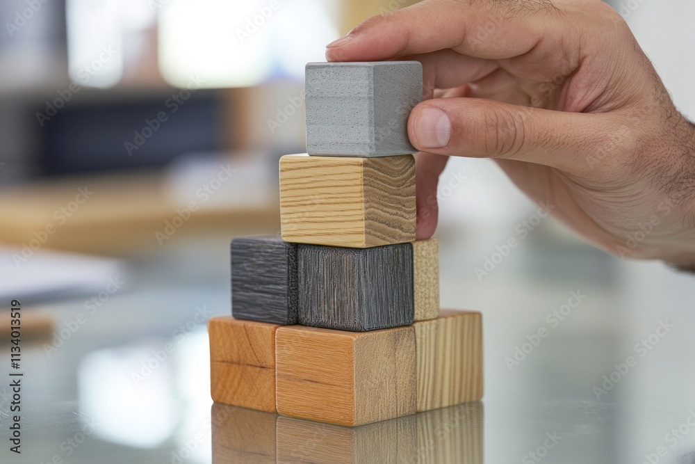 Poster Hand placing wooden block on a growing tower of various colored blocks.
