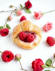 there is a pastry with raspberries and cream on it.