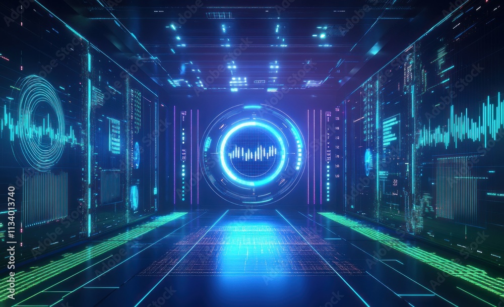 Aufkleber Futuristic digital tunnel with glowing data streams and circular portal.