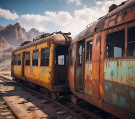 Obraz premium A rusting railcar with broken windows and tangled wires, abandoned on the side of a deserted highway, abandonment, discarded wires, neglect