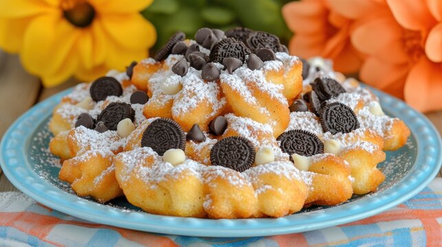 A plate of funnel cake topped with chocolate chips, Oreos, and powdered sugar.