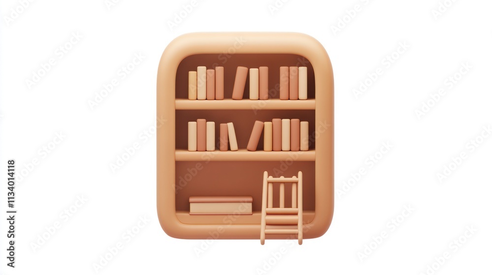 Aufkleber 3d render of a minimalist bookshelf with books, a small ladder, and a box.