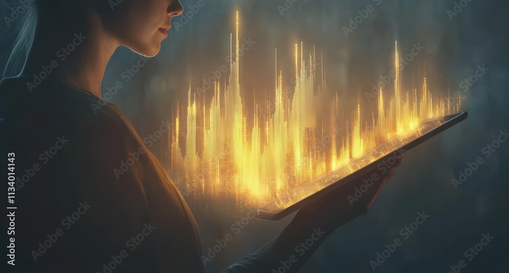 Poster woman viewing glowing data graph on tablet.