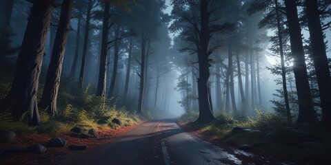 Obraz premium Moonlit forest road winding through tall trees, glowing moonlight, green canopy, night drive