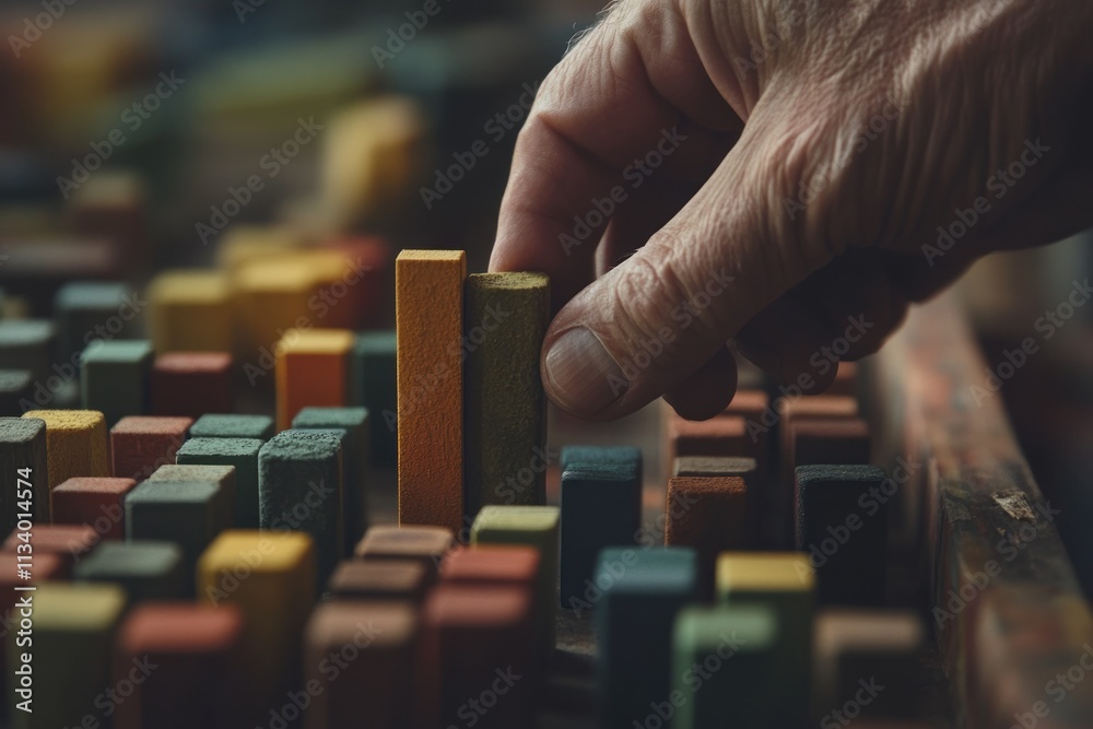 Poster hand placing a colorful block into a miniature city model made of pastel blocks.