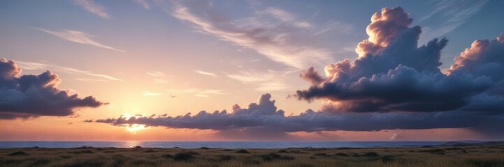 Fototapeta premium A serene and peaceful landscape features a vast expanse of blue sky dotted with wispy spindrift clouds at sunset, gentle breeze, sunset, peaceful ambiance