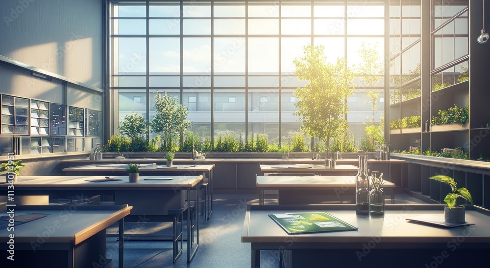 Poster Sunlit modern classroom with plants and lab tables.