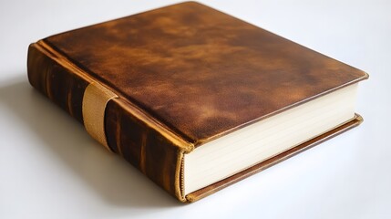 Antique-style leather-bound book with aged, brown cover and cream-colored pages, resting on a white...