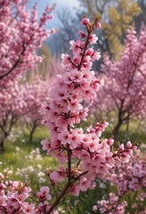 Masses of pink Prunus triloba flowers blooming on trees in a meadow, ornamental plants, pink flowers