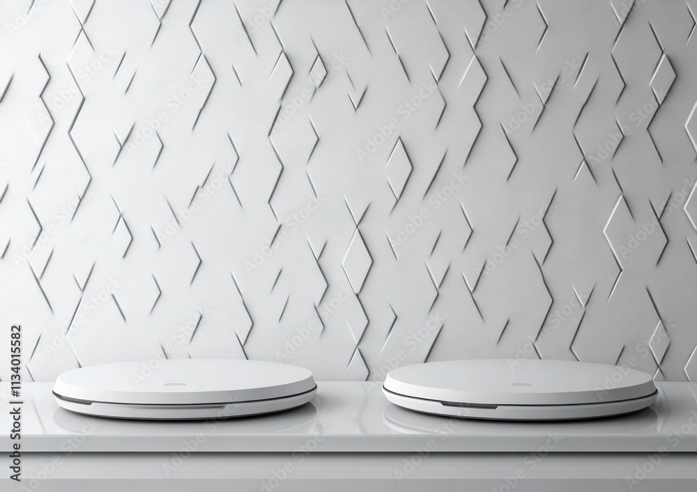 Poster two minimalist white round display platforms against a textured white wall.