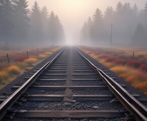 Obraz premium A stretch of railroad track vanishes into the mist , isolation, lonely path, rural scenery