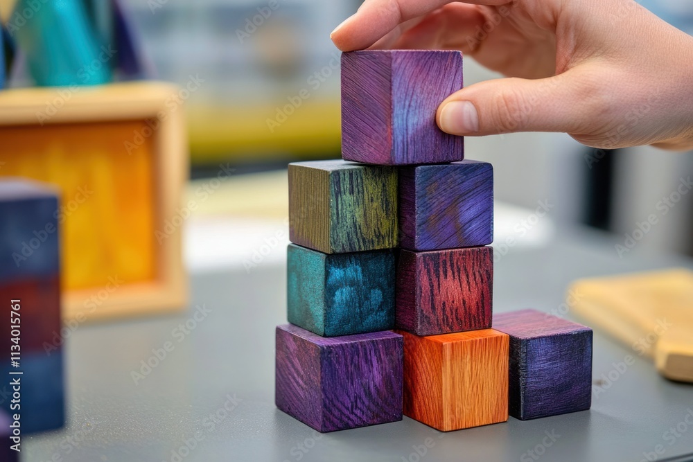 Aufkleber hand placing colorful wooden block on a growing stack.