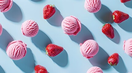 Pink ice cream scoops and fresh strawberries on a blue background with shadows.