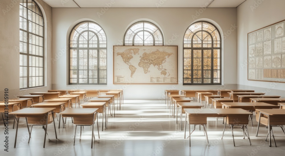 Poster sunlit classroom with desks, world map, and arched windows.