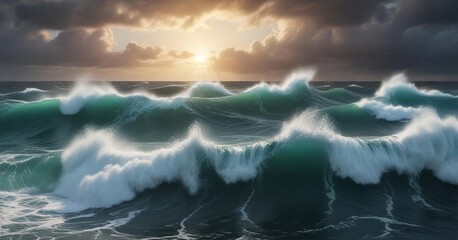 Fototapeta premium Stormy sea with crashing waves and turbulent ocean, rocky coastline, crashing waves, rough seas
