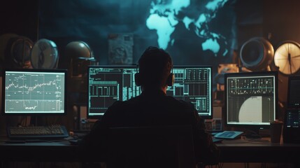 hacker working late at night on multiple monitors