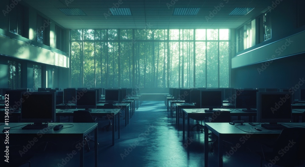 Leinwandbilder Empty computer lab with large windows overlooking a forest.