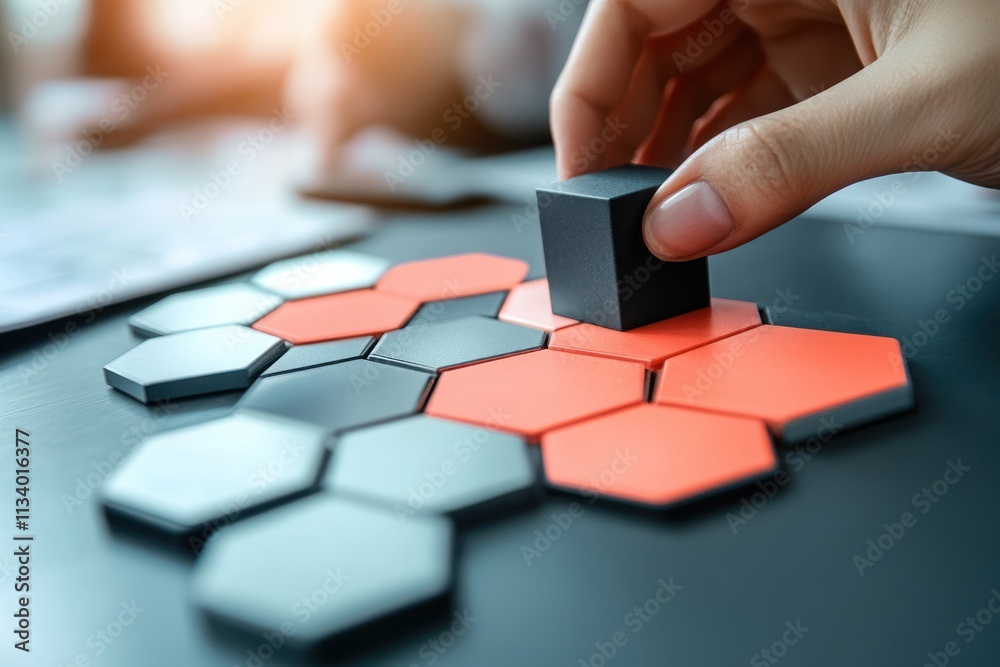 Aufkleber hand placing black cube on honeycomb pattern.