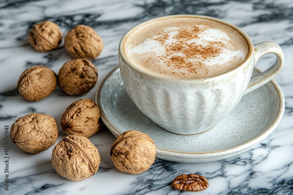 Poster A cup of latte with cinnamon topping sits on a saucer next to walnuts on a marble surface.
